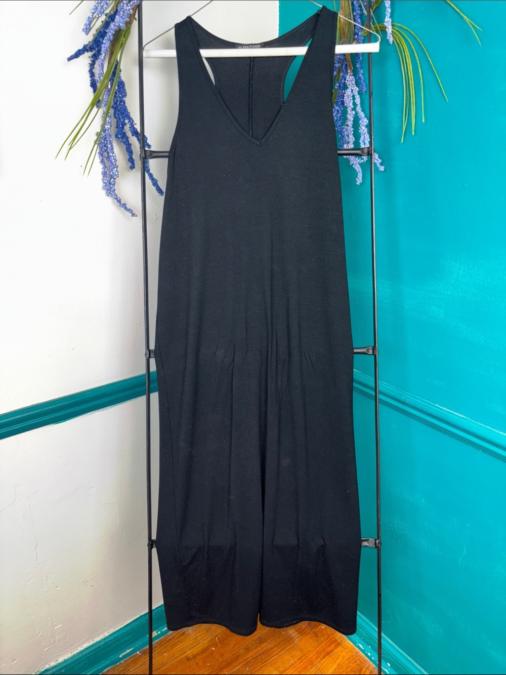 Eileen Fisher Black racer back Sleeveless V-Neck midi Dress